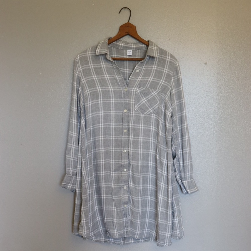 🌾 Plaid Gray/White Long Blouse Dress